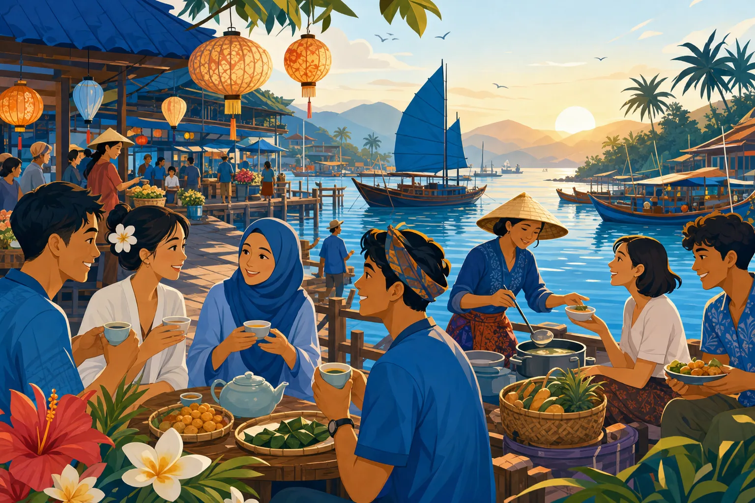 Cảnh bến cảng châu Á vui tươi với mọi người chia sẻ ẩm thực và trà bên vùng biển lúc hoàng hôn