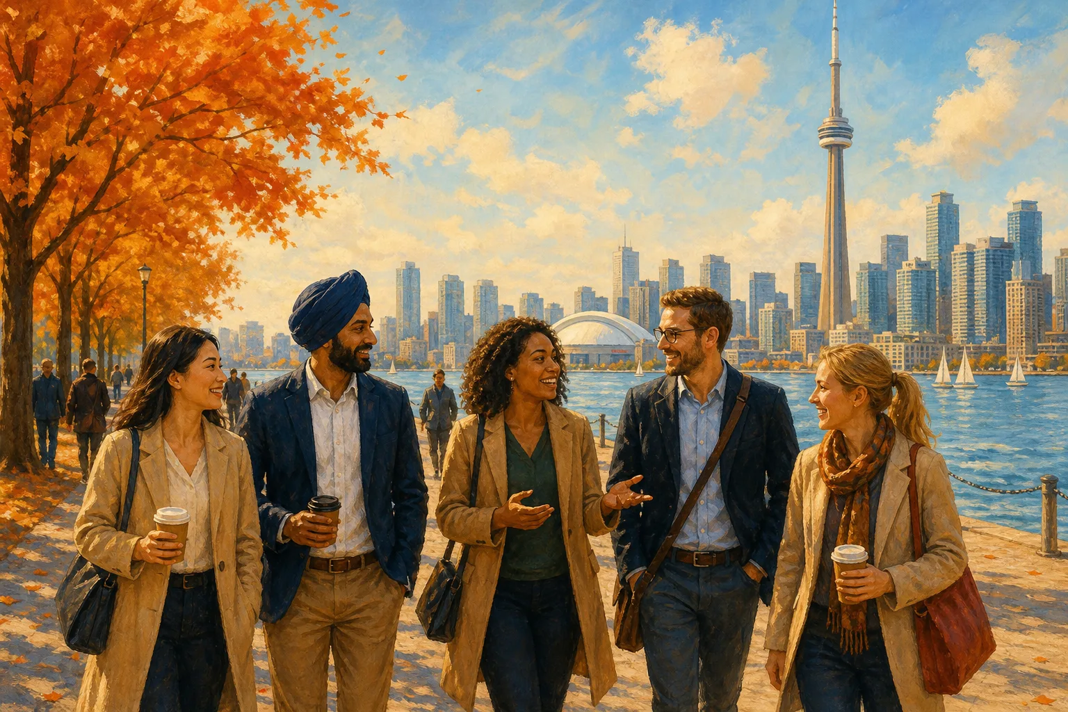 Tranh minh họa ấm áp về một nhóm chuyên gia đa dạng đang đi dạo và trò chuyện dọc bờ sông Toronto với tháp CN và lá thu