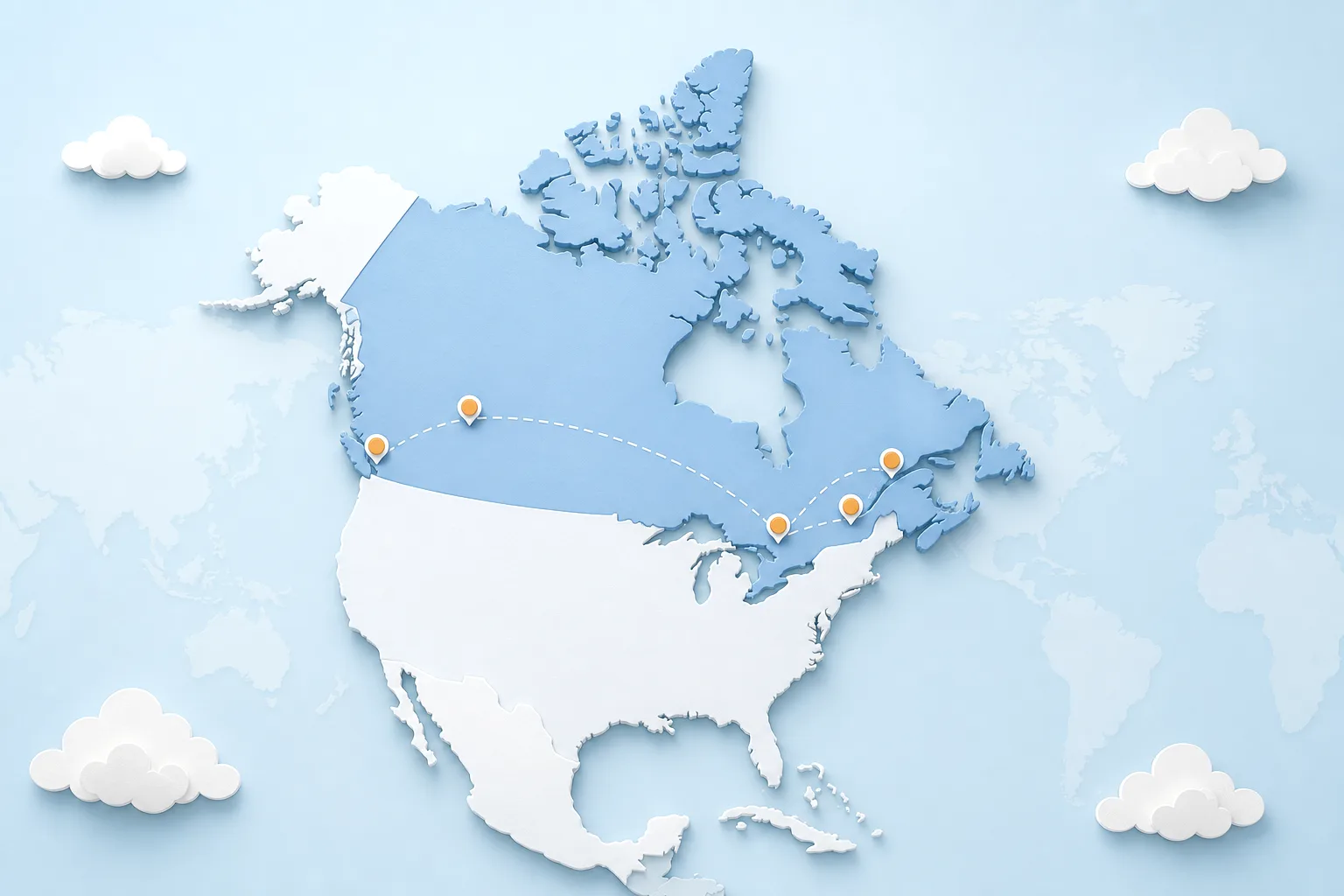 Bản đồ số 3D cách điệu của Canada thể hiện các kết nối cung cấp phần mềm giữa những thành phố lớn của Canada