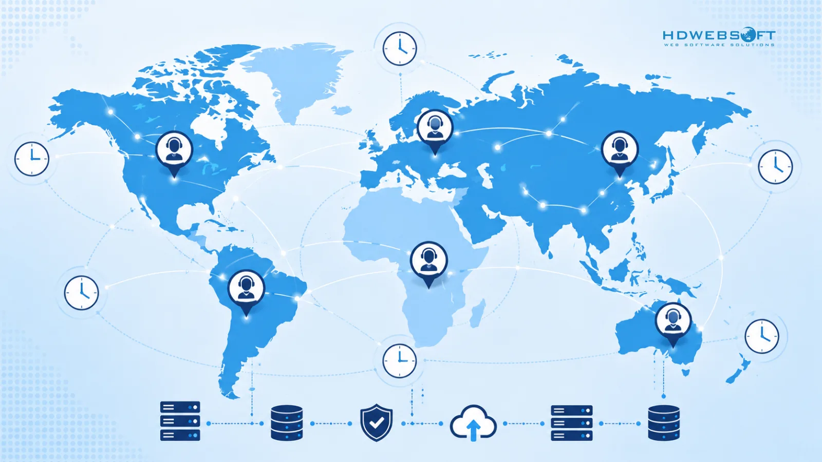 World map illustration showing global 24/7 IT support coverage across time zones