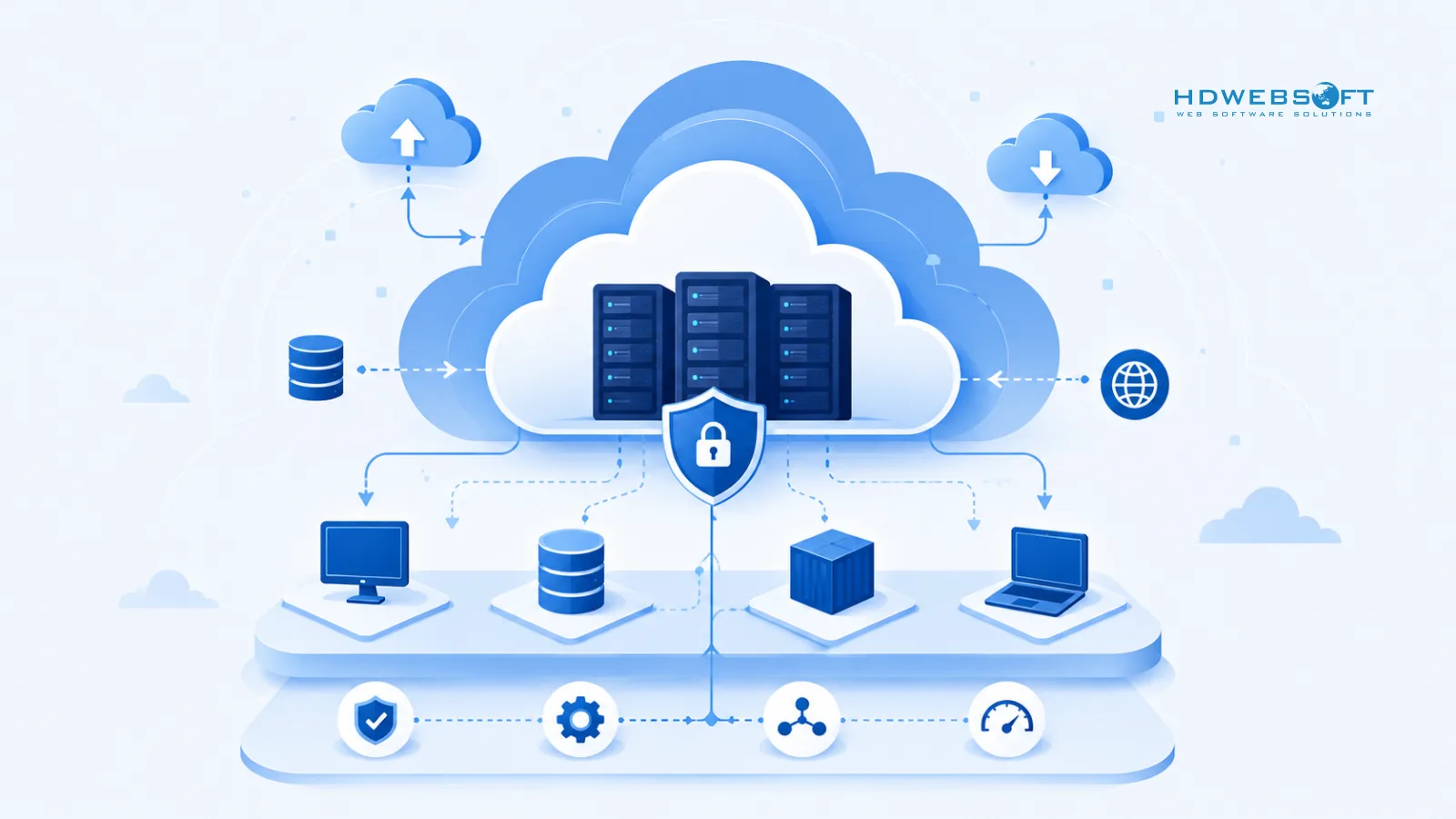 Cloud infrastructure illustration with servers, data flow, and security elements