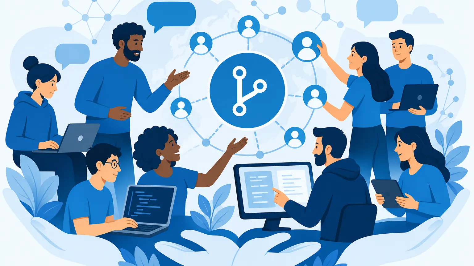 Illustration of a large developer community collaborating around open-source technology