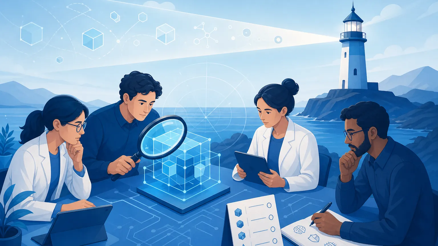 Illustration of HDWEBSOFT R&D pioneers evaluating emerging technology trends