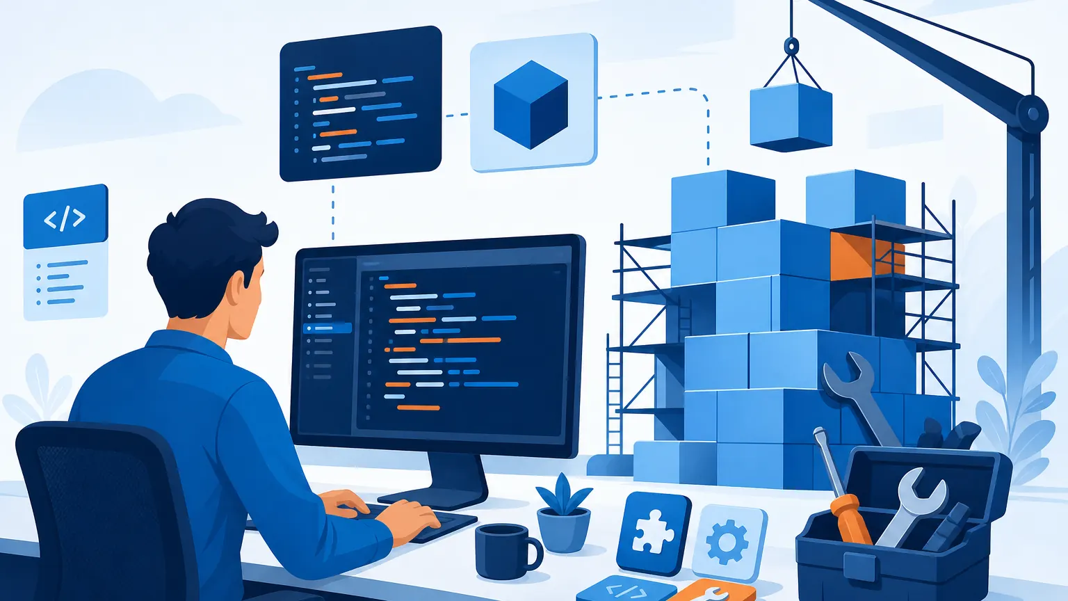 Illustration of modern development tools and scaffolding that reduce software engineering effort