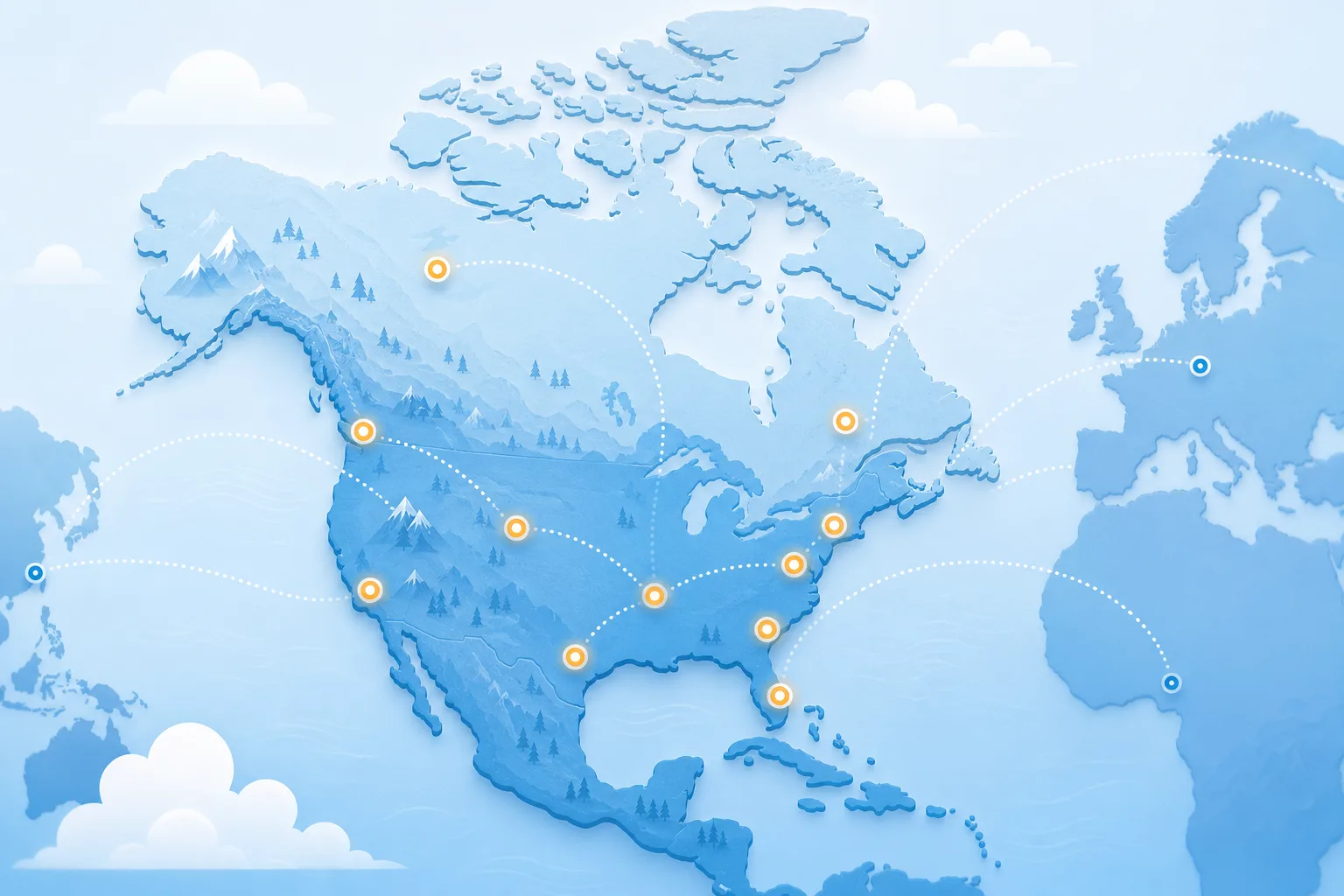 Bản đồ stylized Bắc Mỹ thể hiện kết nối triển khai phần mềm tại Mỹ và Canada
