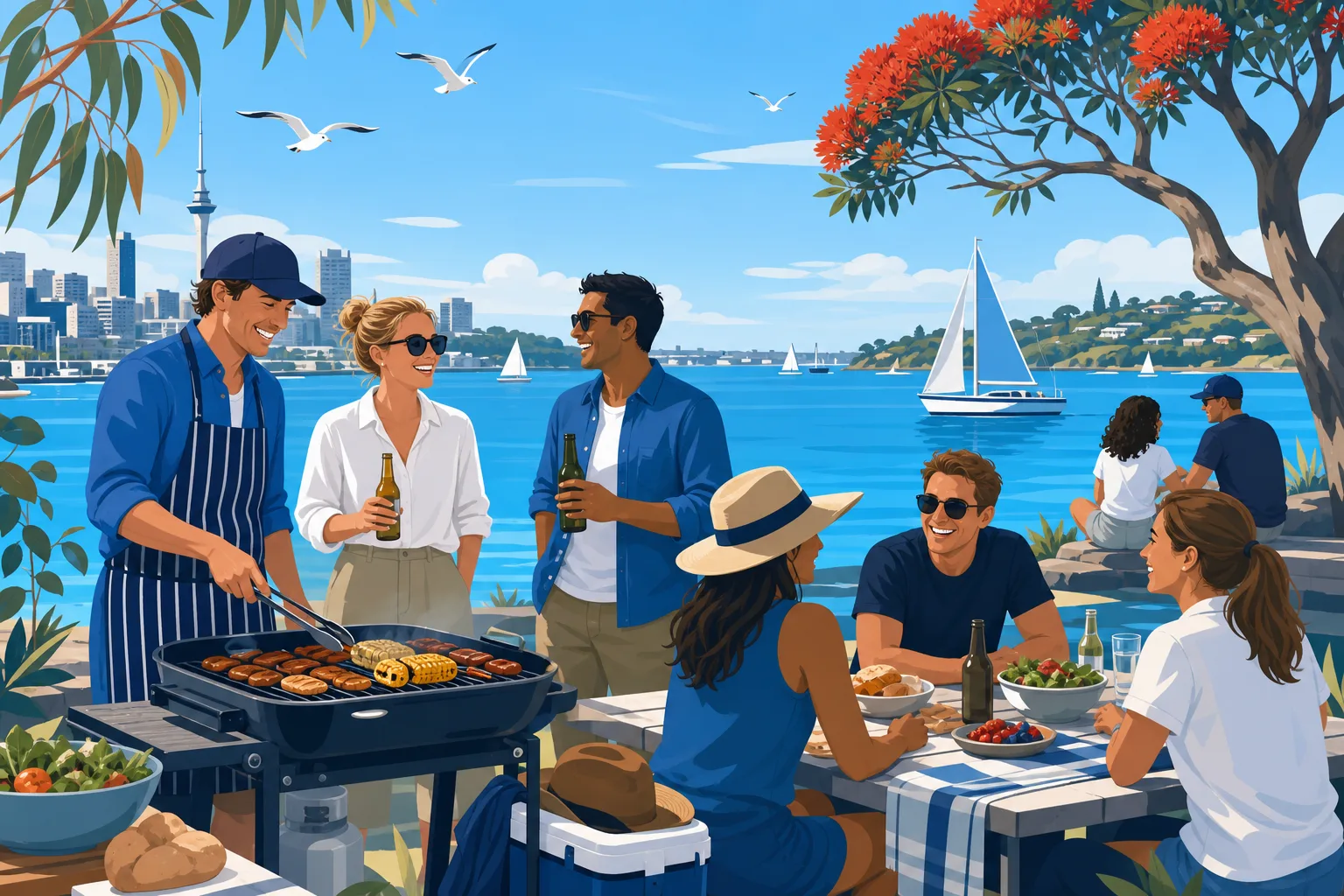 Cảnh sum họp BBQ vui vẻ bên bờ biển thể hiện văn hóa ven biển châu Đại Dương tại Úc và New Zealand