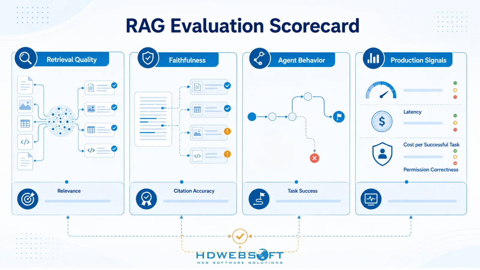 Cuadro de evaluación de RAG que muestra calidad de recuperación, fidelidad, comportamiento del agente, señales de producción, precisión de citas, éxito de tareas, latencia, coste y corrección de permisos.