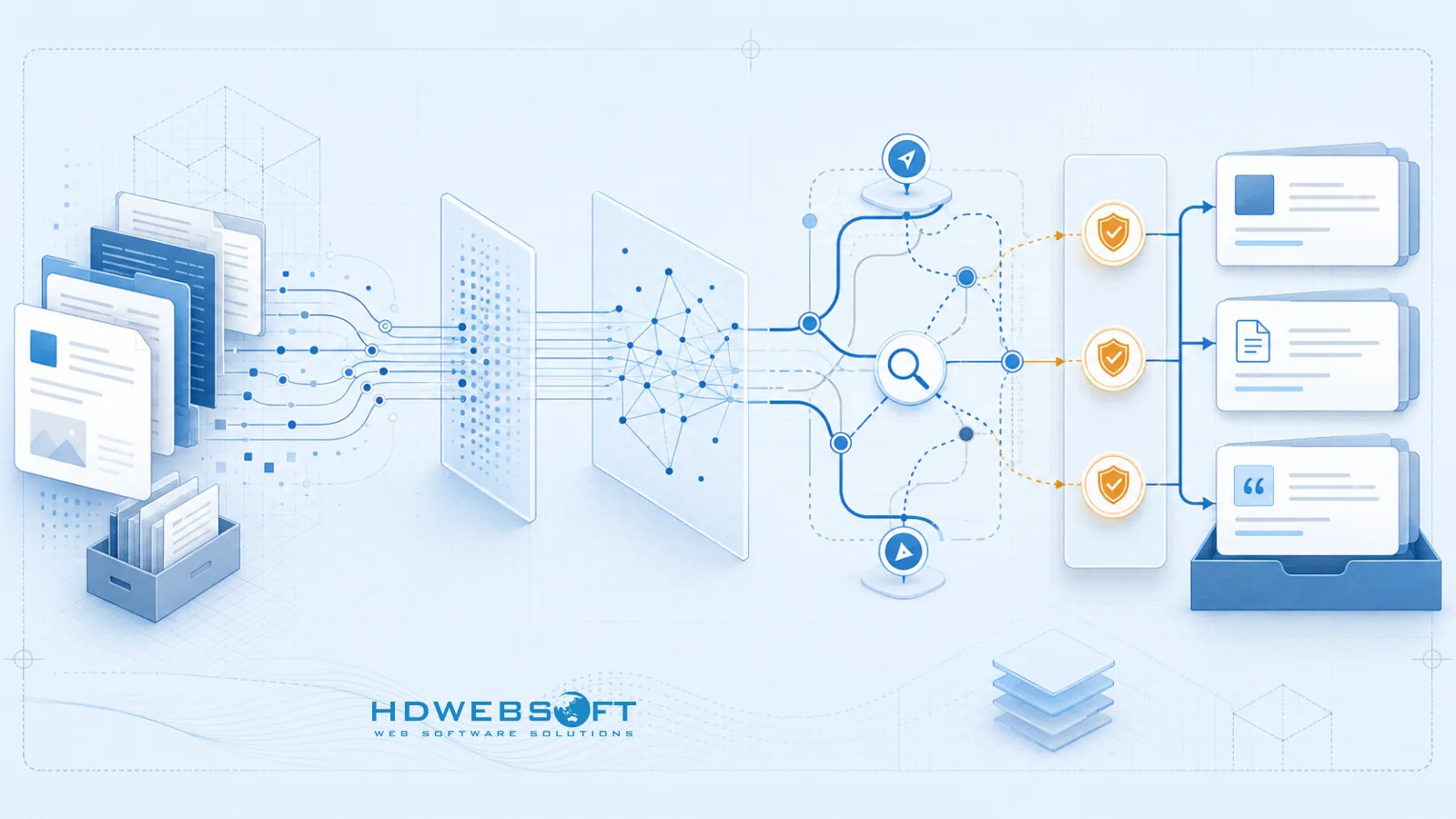 Ilustración abstracta estilo blueprint de un pipeline de recuperación con documentos, embeddings, búsqueda y rutas de validación.