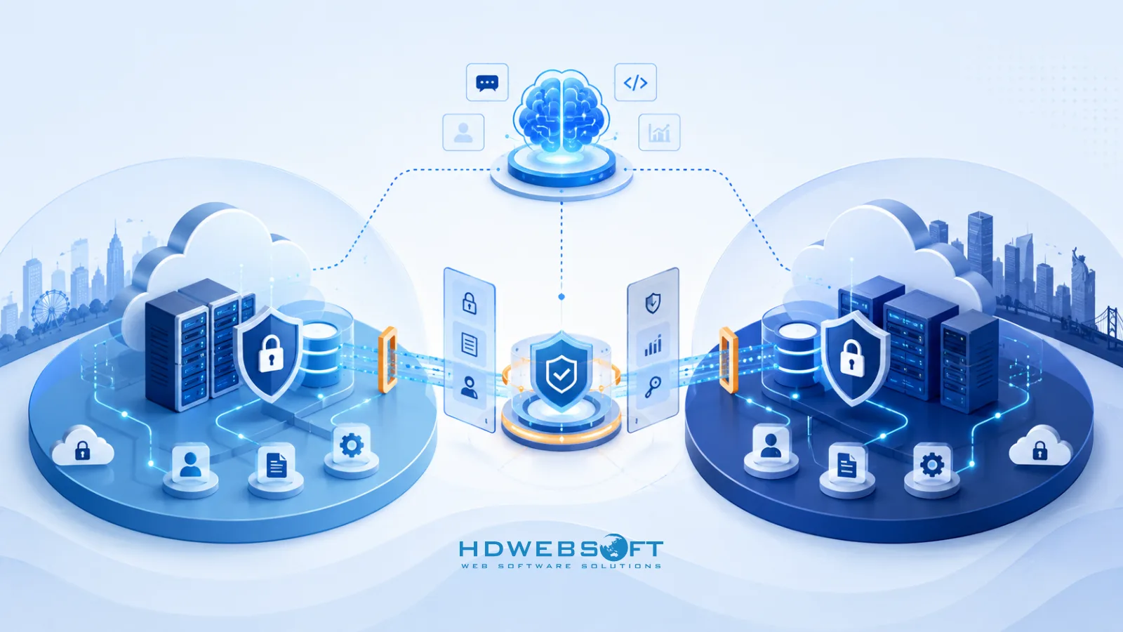 Abstract illustration of EU and US data residency with protected regional data zones, encryption shields, and privacy controls for LLM systems