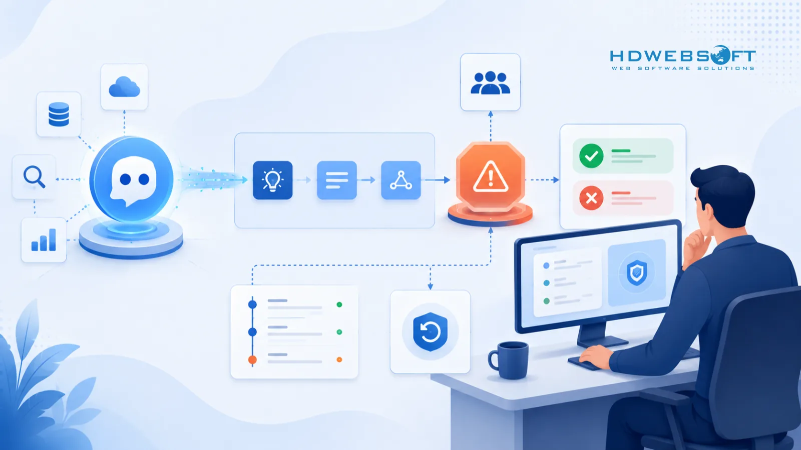Human-in-the-loop approval workflow illustration showing a reviewer approving high-risk AI agent actions with audit trail and rollback controls