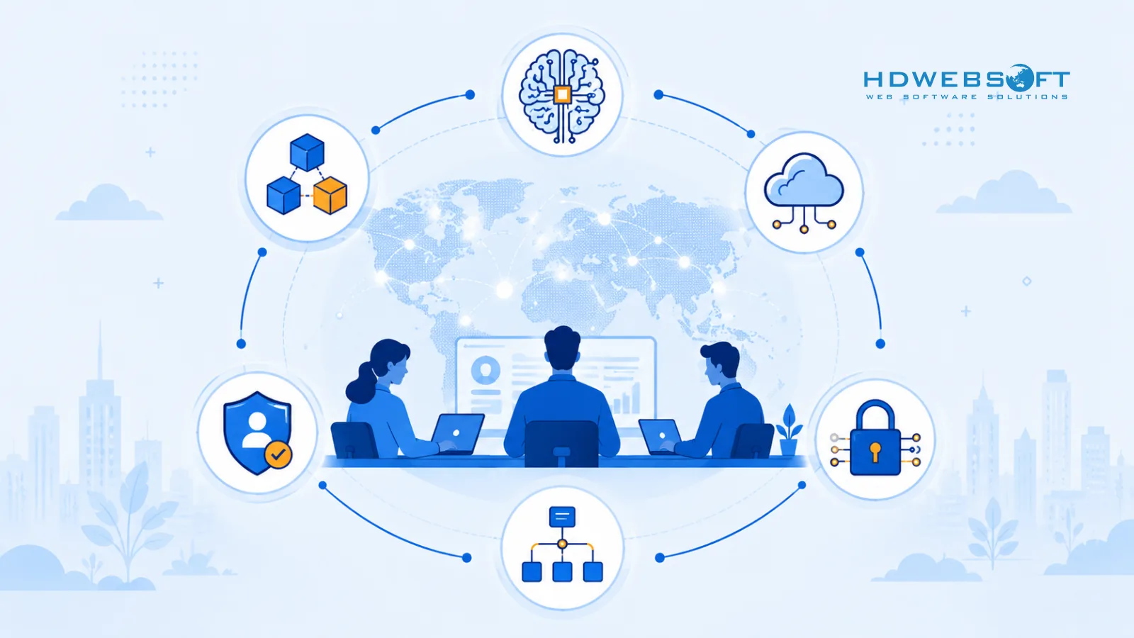 Offshore team silhouette with orbiting technology icons representing AI, cloud, composable applications, zero-trust security, and edge computing