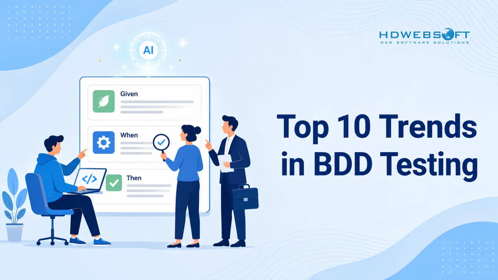 Top 10 Trends in BDD Testing for 2026 cover, showing three collaborators around a shared panel of Gherkin scenarios with a soft AI glow above.