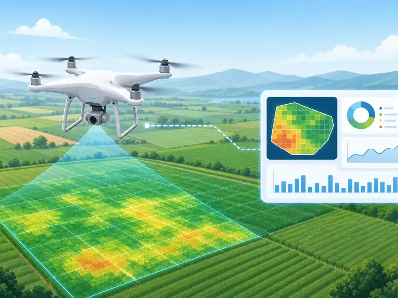 Drone flying over farmland with crop health analytics and aerial imaging data