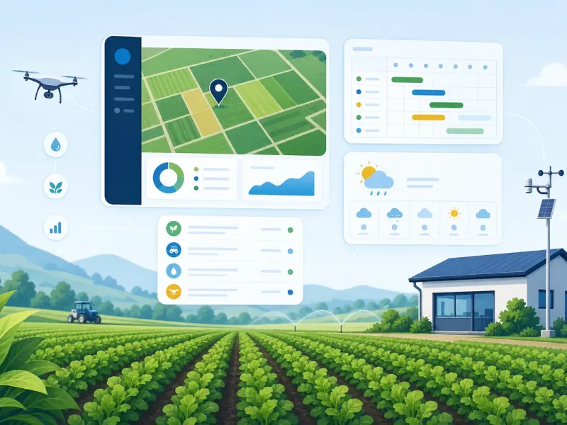 Farm management dashboard with field maps, crop planning, and weather data for agribusiness operations