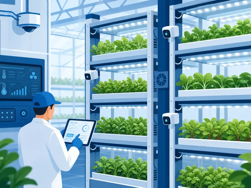 Indoor vertical farming greenhouse with climate control and crop monitoring technology