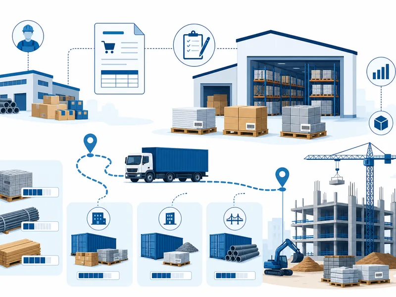 Construction supply chain and inventory management with multi-site material tracking, vendor POs, and delivery scheduling