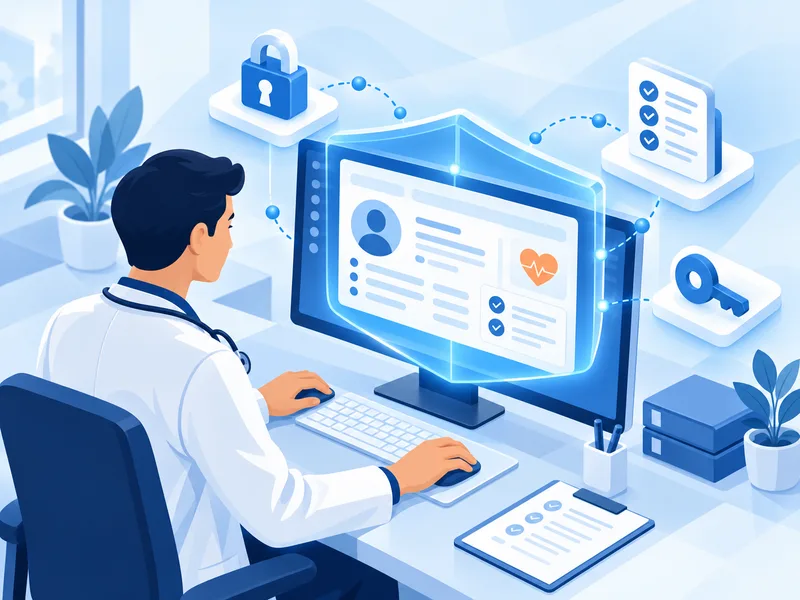 A clinician using EHR software where the patient record is protected by built-in security safeguards