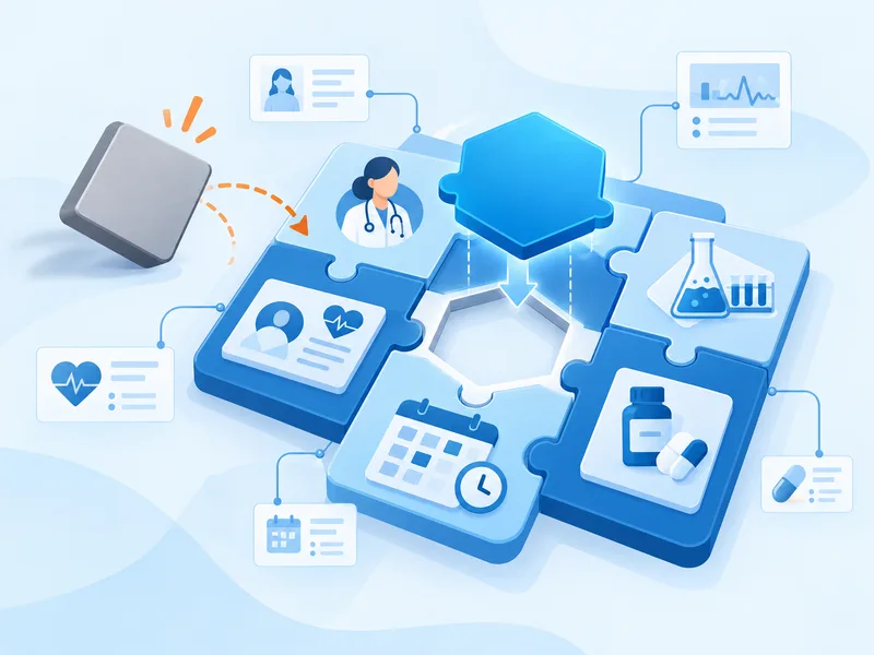 An off-the-shelf EHR module that cannot fit a clinic's workflow, beside a custom-built module snapping into place